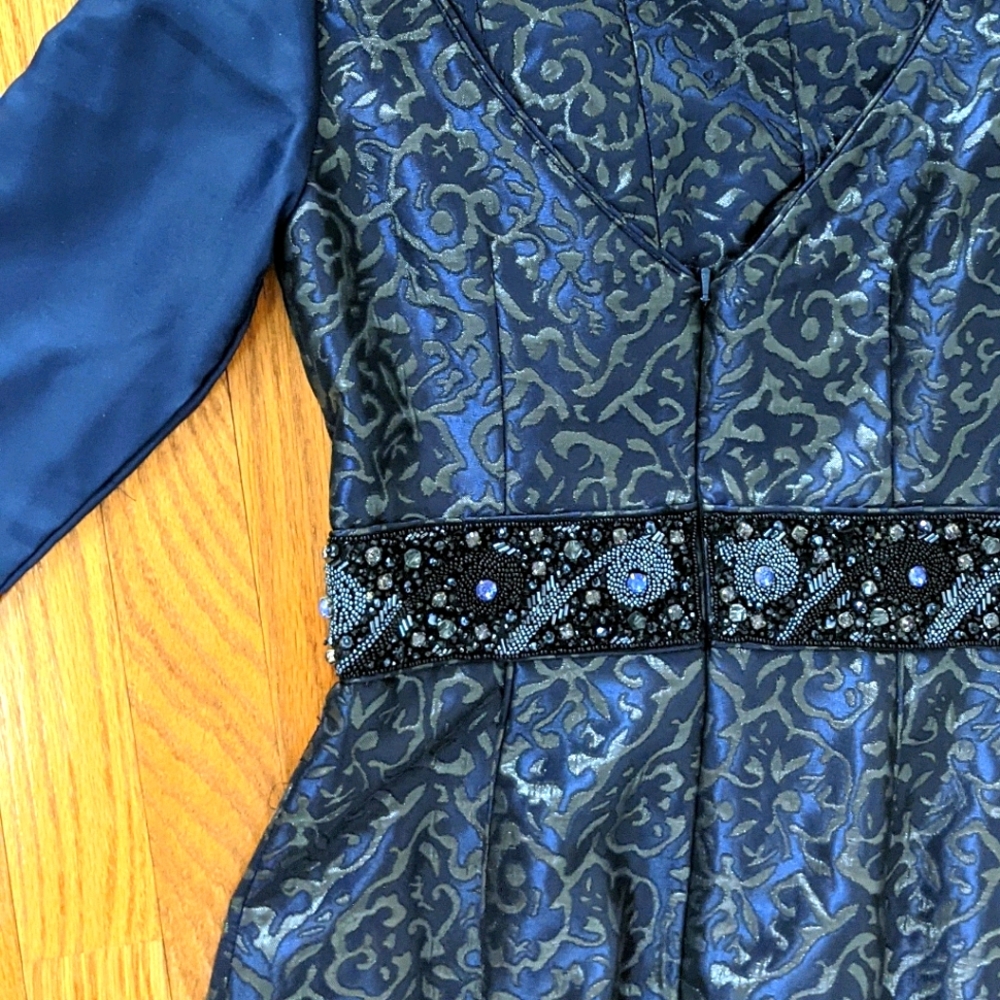 Custom built-up modest blue evening gown
